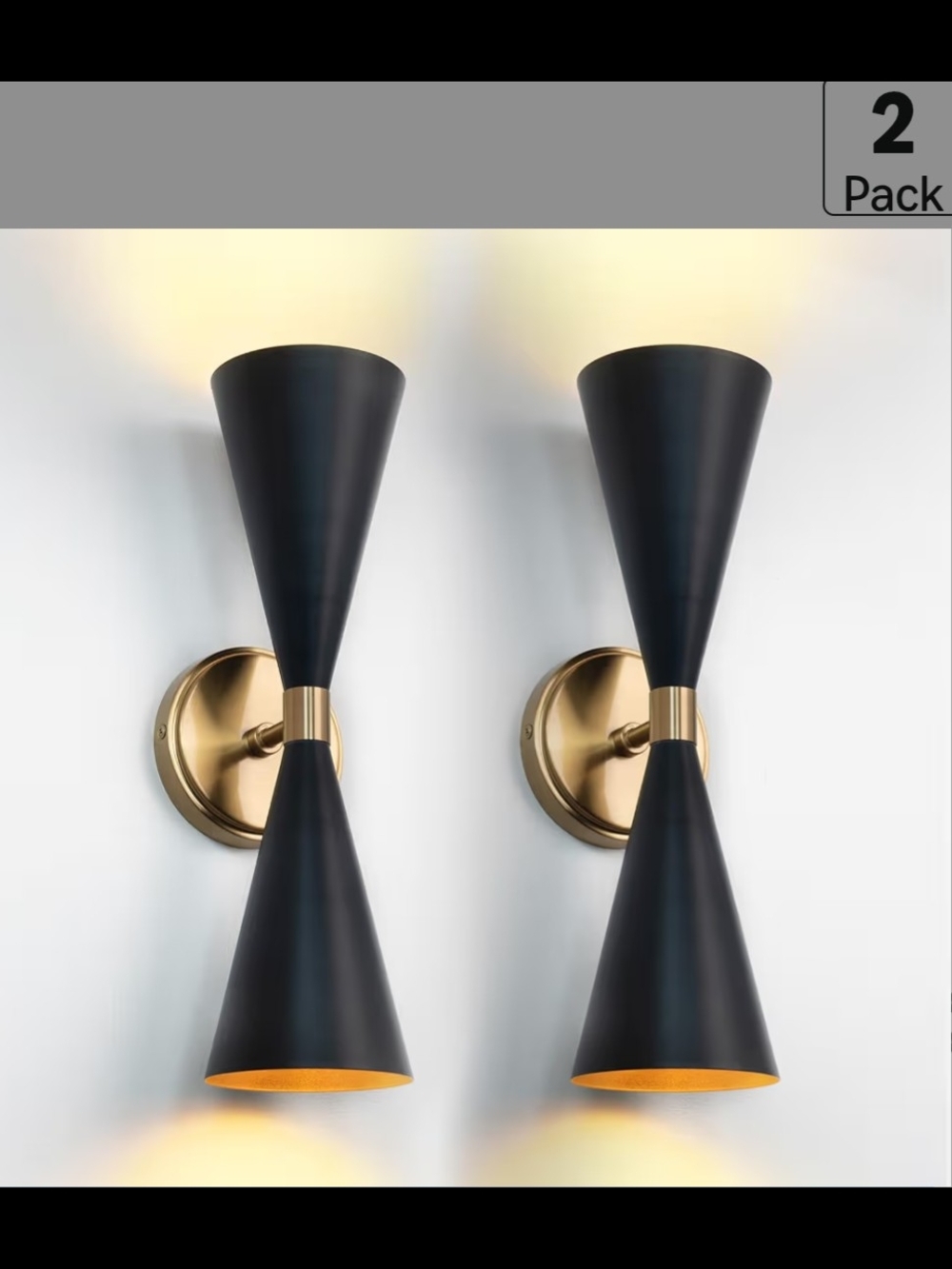 Modern And Sleek Double Cone Wall Sconces in Matte Black and Gold - Pair